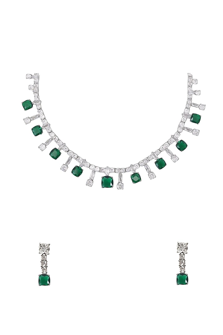 White Finish Green CZ Stone Necklace Set by Tad Accessories at Pernia's Pop Up Shop