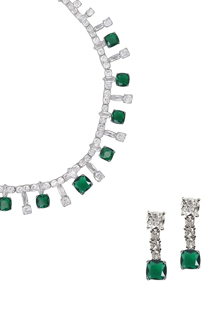 White Finish Green CZ Stone Necklace Set by Tad Accessories at Pernia's Pop Up Shop