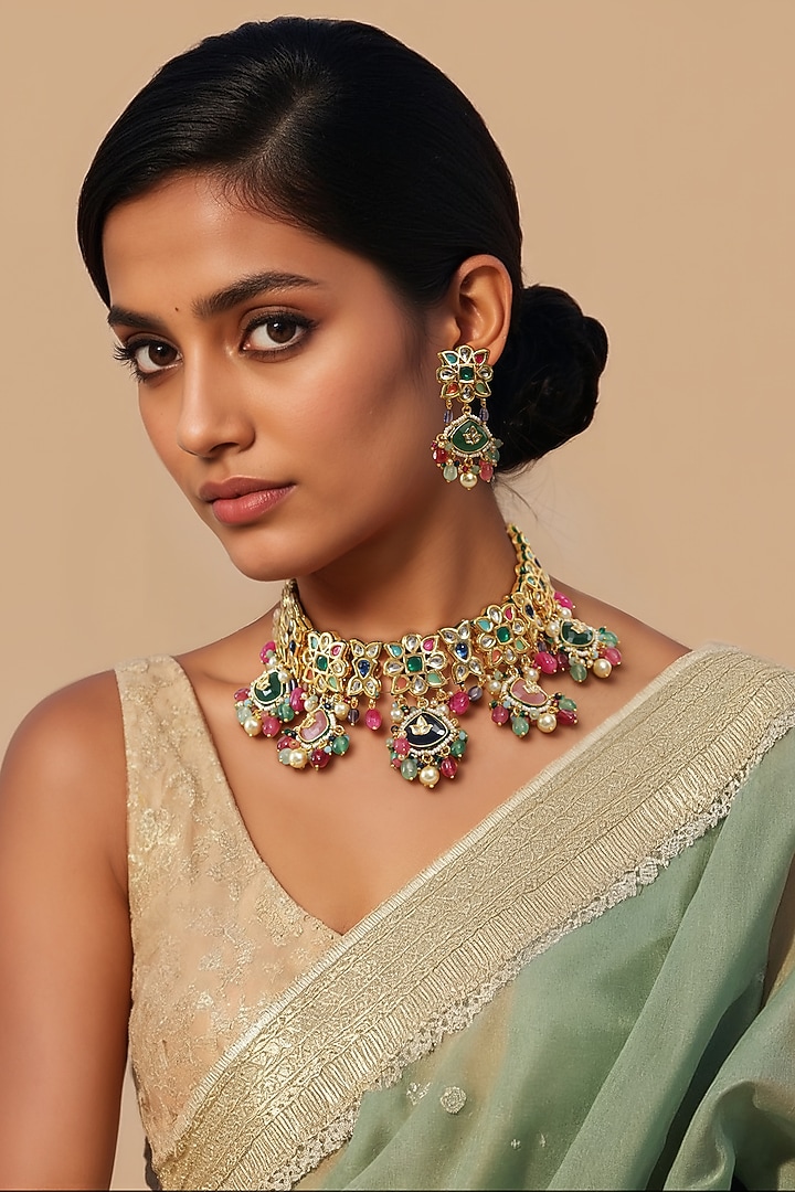 Gold Finish Multi-Colored Kundan Polki & Semi-Precious Stone Necklace Set by Tad Accessories at Pernia's Pop Up Shop