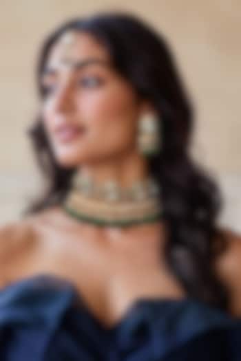 Gold Finish Green Kundan Polki & Semi-Precious Stone Necklace Set by Tad Accessories at Pernia's Pop Up Shop