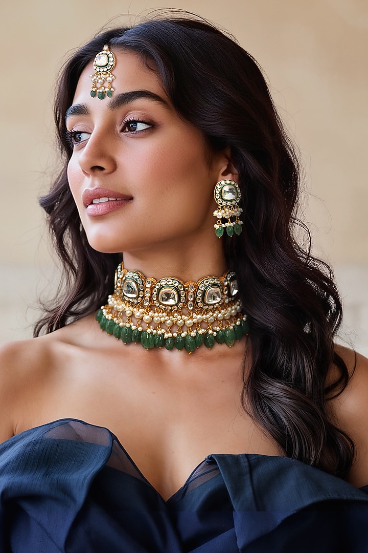 Gold Finish Green Kundan Polki & Semi-Precious Stone Necklace Set by Tad Accessories at Pernia's Pop Up Shop