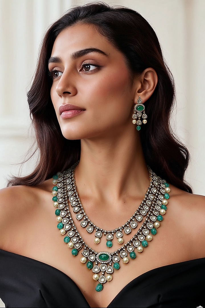 Gold Finish Green Kundan Polki & Semi-Precious Stone Necklace Set by Tad Accessories at Pernia's Pop Up Shop