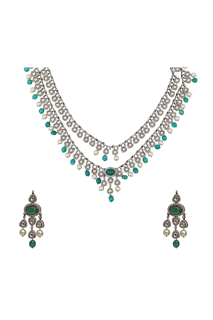 Gold Finish Green Kundan Polki & Semi-Precious Stone Necklace Set by Tad Accessories at Pernia's Pop Up Shop