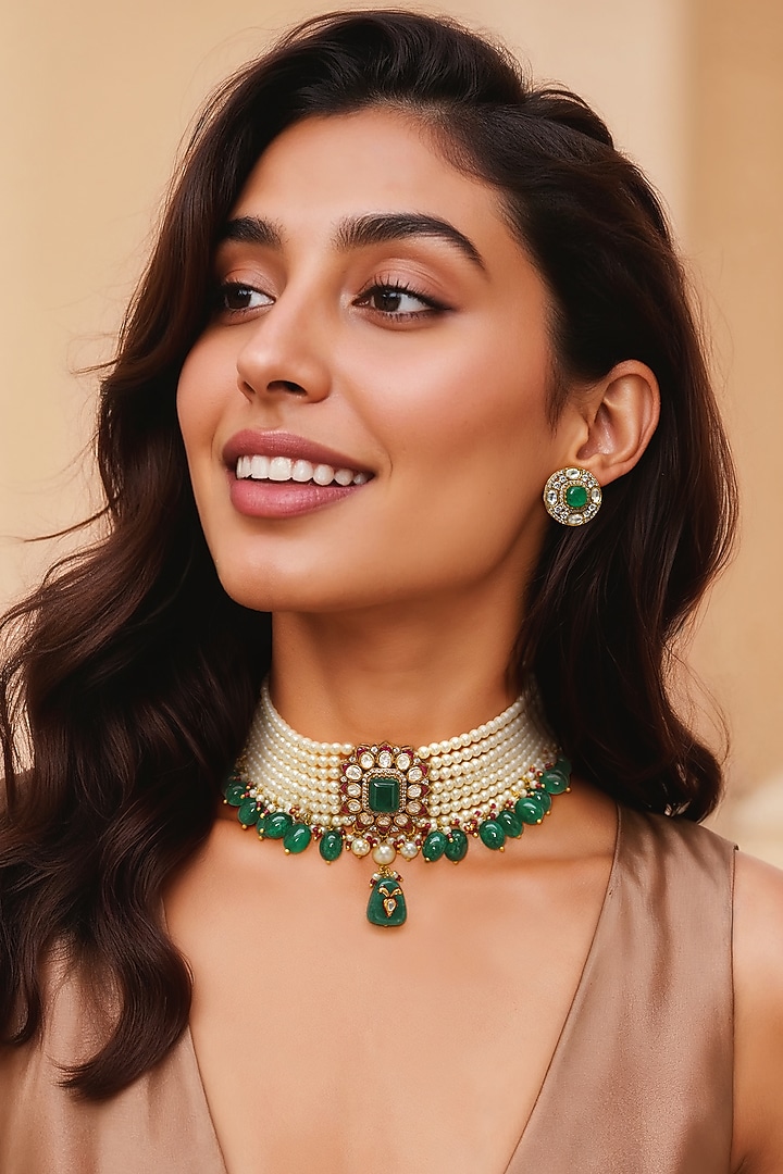 Gold Finish Green Kundan Polki & Semi-Precious Stone Choker Necklace Set by Tad Accessories at Pernia's Pop Up Shop