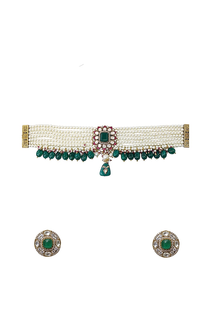 Gold Finish Green Kundan Polki & Semi-Precious Stone Choker Necklace Set by Tad Accessories at Pernia's Pop Up Shop