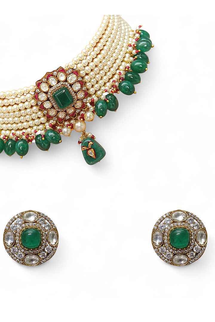 Gold Finish Green Kundan Polki & Semi-Precious Stone Choker Necklace Set by Tad Accessories at Pernia's Pop Up Shop