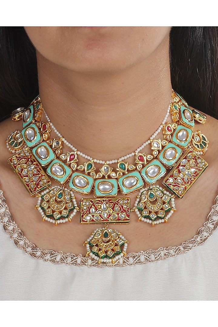Gold Finish Meenakari Necklace by Tad Accessories