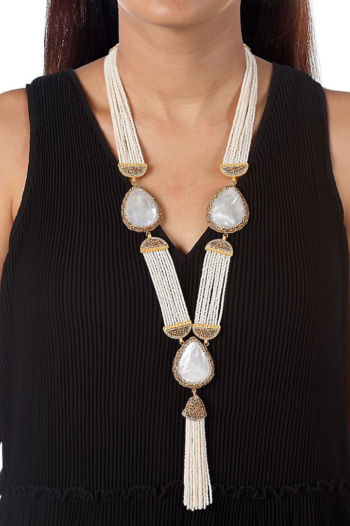 Gold Finish Mother Of Pearl Long Necklace by Tad Accessories