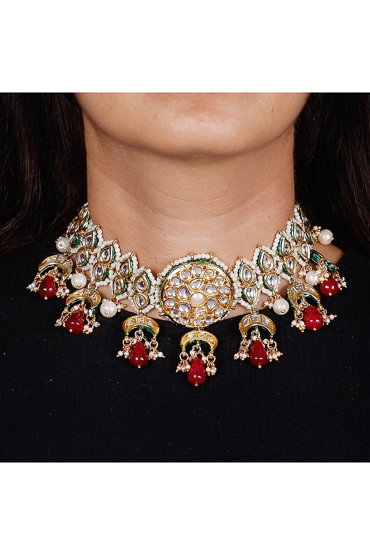 Gold Finish Kundan Polki Necklace by Tad Accessories