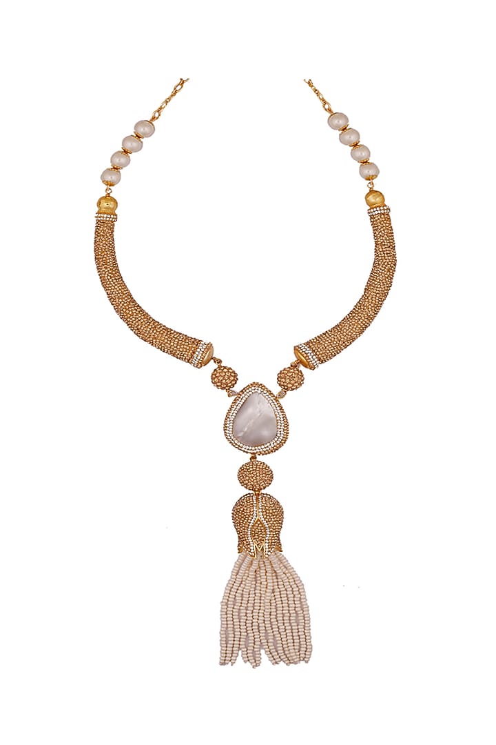 Gold Finish Faux Pearl Necklace by Tad Accessories at Pernia's Pop Up Shop