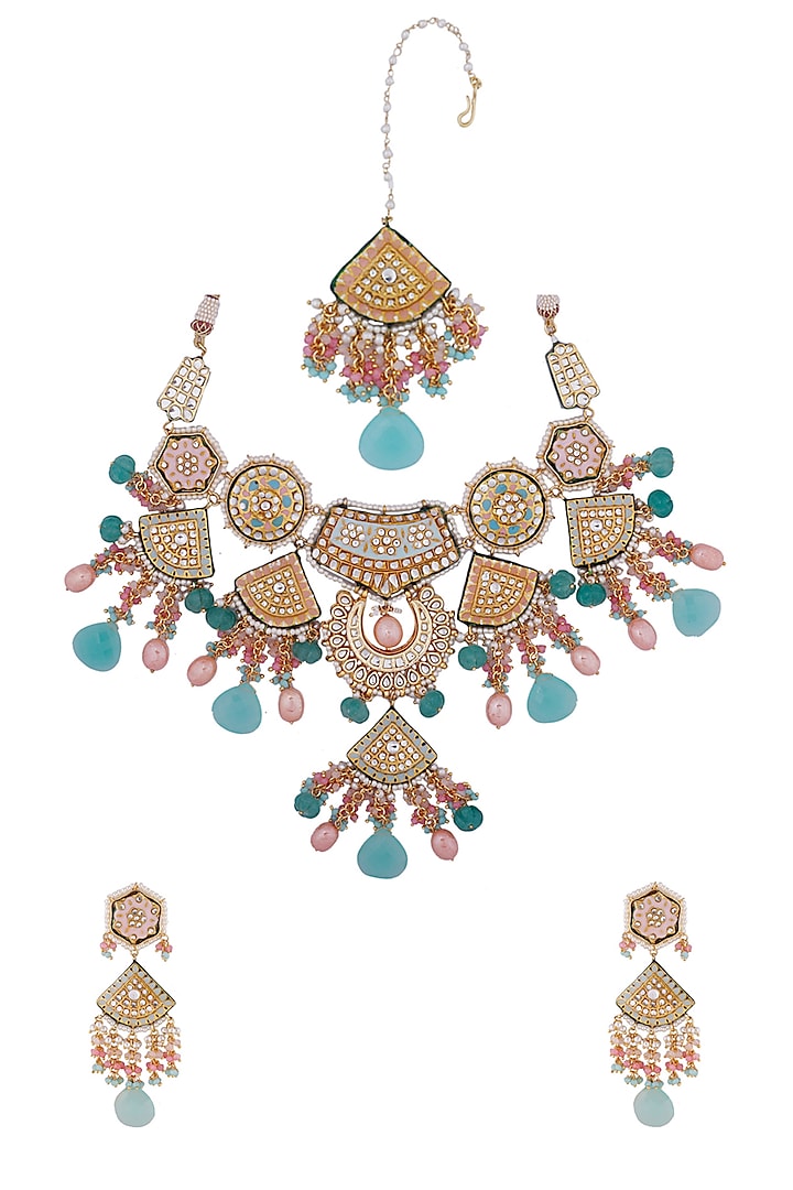 Gold Finish Meenakari Necklace Set by Tad Accessories