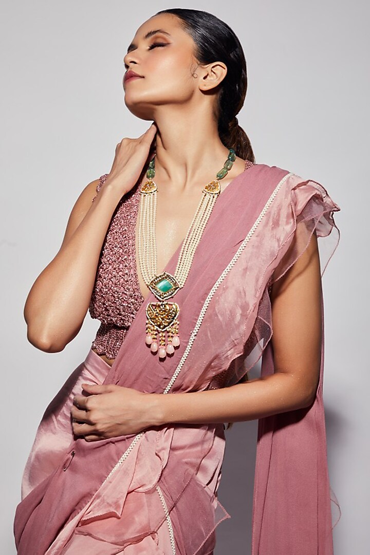 Gold Finish Long Necklace With Kundan Polki by Tad Accessories