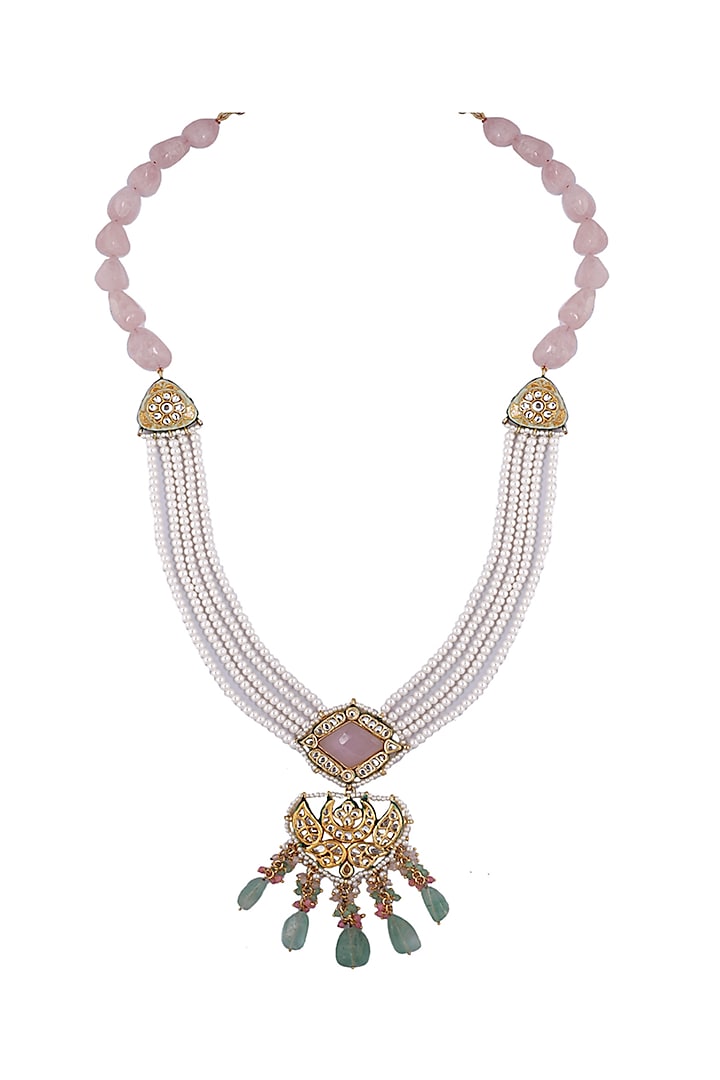 Gold Finish Long Necklace With Kundan Polki by Tad Accessories