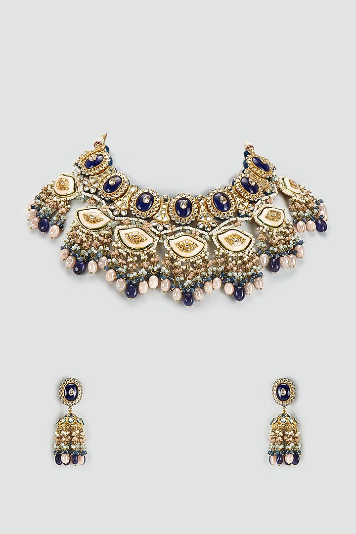 Gold Finish Kundan Polki & Semi-Precious Stone Necklace Set by Tad Accessories at Pernia's Pop Up Shop