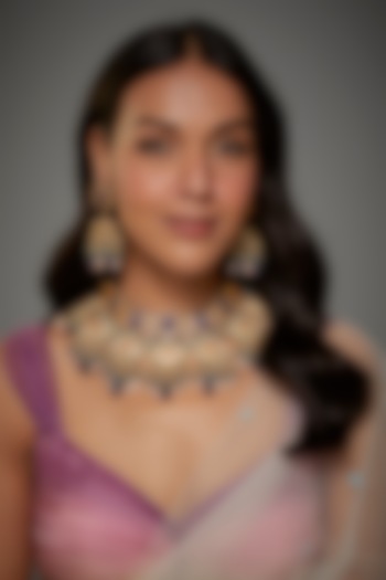 Gold Finish Kundan Polki & Semi-Precious Stone Necklace Set by Tad Accessories at Pernia's Pop Up Shop