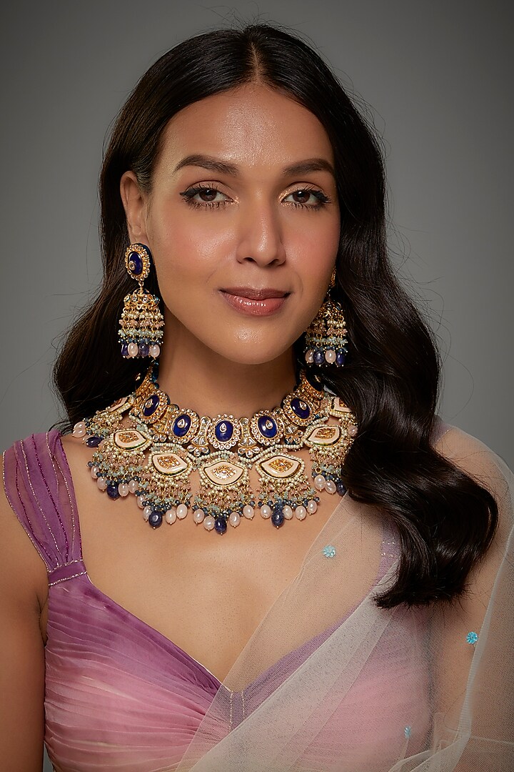 Gold Finish Kundan Polki & Semi-Precious Stone Necklace Set by Tad Accessories at Pernia's Pop Up Shop