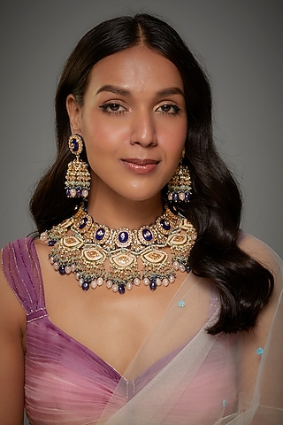 Gold Finish Kundan Polki & Semi-Precious Stone Necklace Set by Tad Accessories