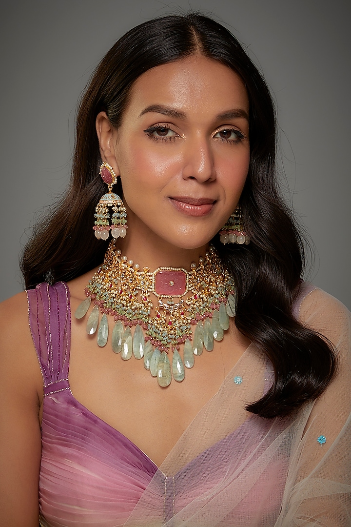 Gold Finish Kundan Polki & Semi-Precious Stone Necklace Set by Tad Accessories at Pernia's Pop Up Shop