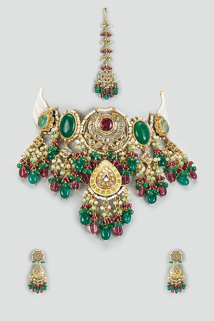 Gold Finish Kundan Polki & Semi-Precious Stone Choker Necklace Set by Tad Accessories at Pernia's Pop Up Shop