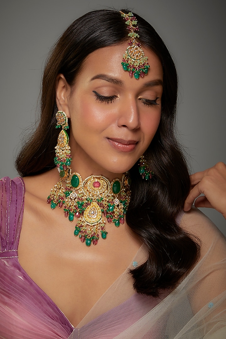 Gold Finish Kundan Polki & Semi-Precious Stone Choker Necklace Set by Tad Accessories at Pernia's Pop Up Shop