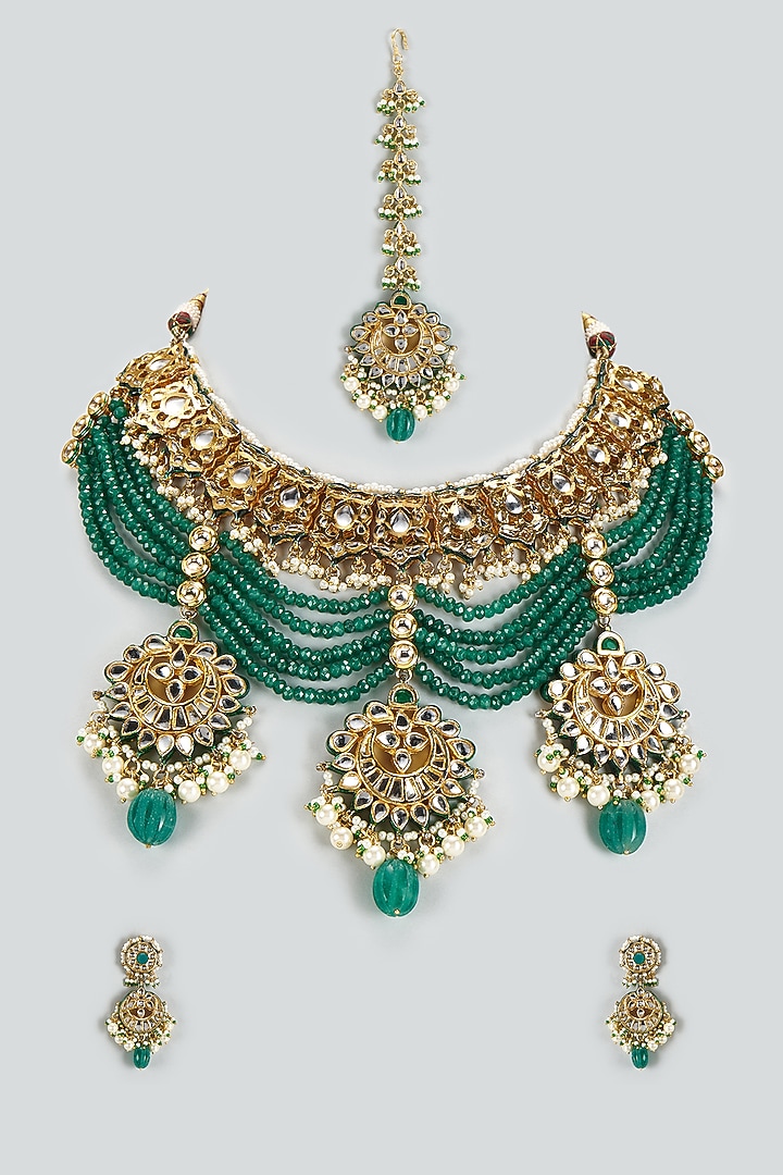 Gold Finish Kundan Polki & Semi-Precious Stone Necklace Set by Tad Accessories at Pernia's Pop Up Shop