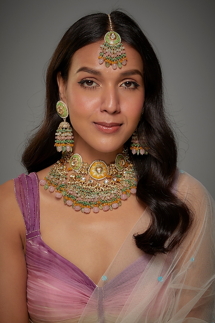 Gold Finish Kundan Polki & Semi-Precious Stone Necklace Set by Tad Accessories at Pernia's Pop Up Shop