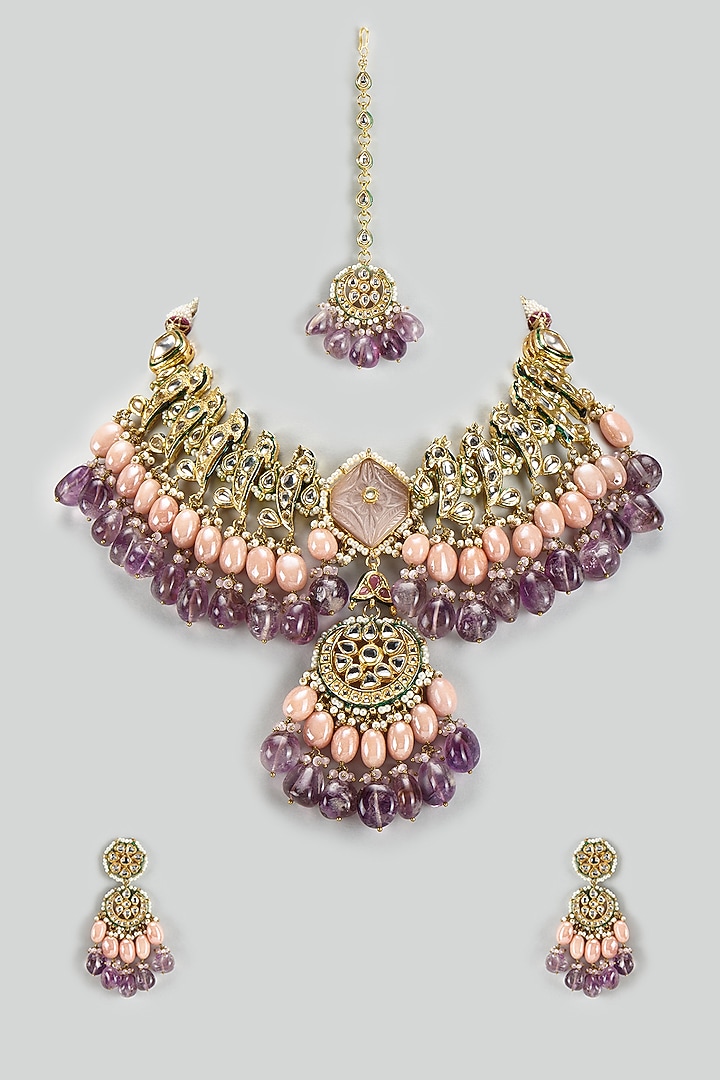 Gold Finish Kundan Polki & Semi-Precious Stone Necklace Set by Tad Accessories at Pernia's Pop Up Shop