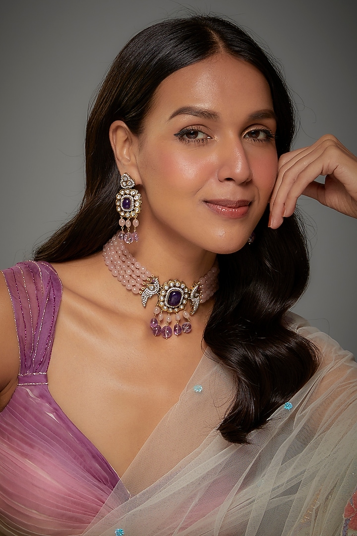 Two-Tone Finish Kundan Polki & Semi-Precious Stone Choker Necklace Set by Tad Accessories at Pernia's Pop Up Shop