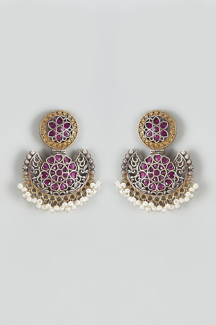 Antique Silver Finish Kundan Polki Chandbali Earrings by Tad Accessories at Pernia's Pop Up Shop