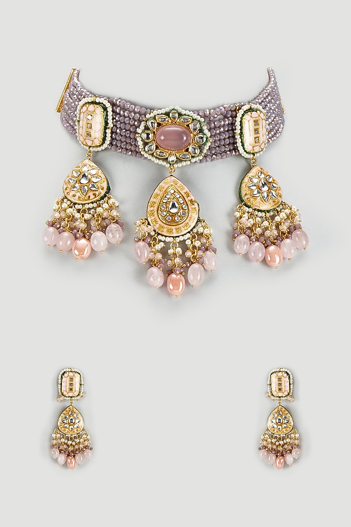 Gold Finish Pink Kundan Polki & Semi-Precious Stone Choker Necklace Set by Tad Accessories at Pernia's Pop Up Shop
