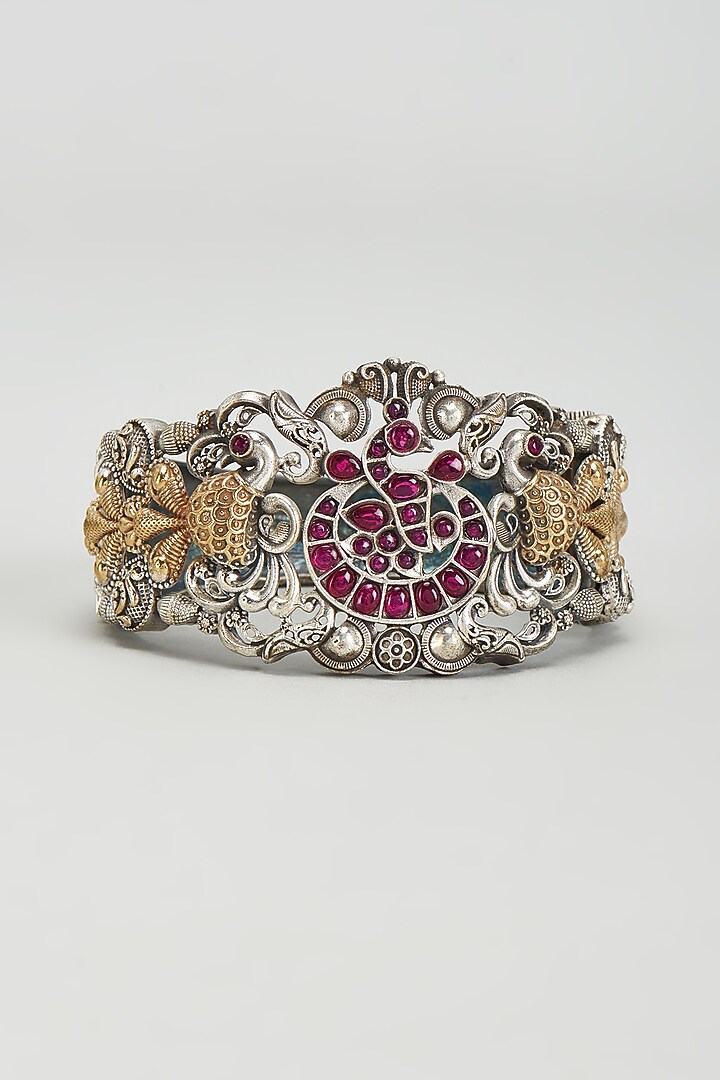 Antique Silver Finish Kundan Polki & Red Synthetic Stone Bangle by Tad Accessories at Pernia's Pop Up Shop