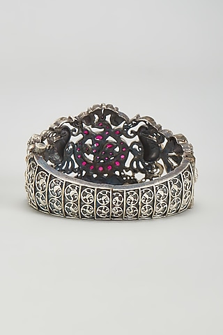 Antique Silver Finish Kundan Polki & Red Synthetic Stone Bangle by Tad Accessories