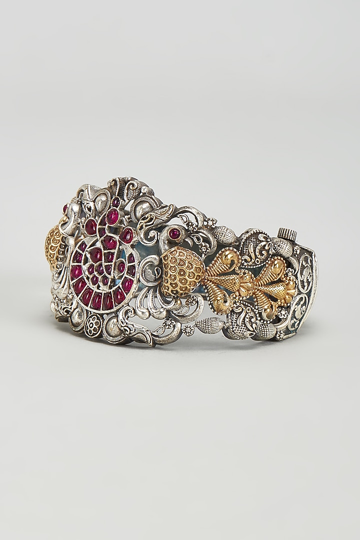 Antique Silver Finish Kundan Polki & Red Synthetic Stone Bangle by Tad Accessories at Pernia's Pop Up Shop