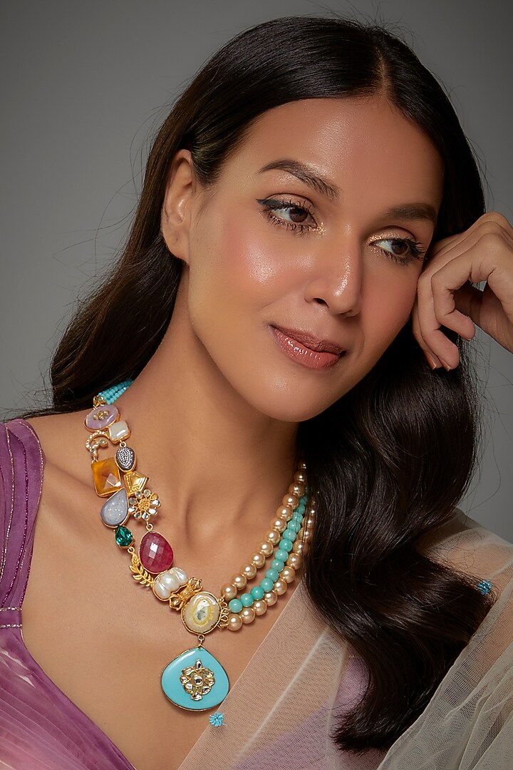 Gold Finish Semi-Precious Stone & Crystal Bead Necklace by Tad Accessories at Pernia's Pop Up Shop