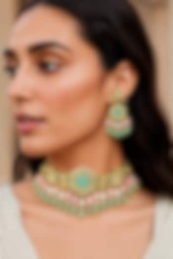 Gold Finish Kundan Polki & Mint Stone Necklace Set by Tad Accessories at Pernia's Pop Up Shop