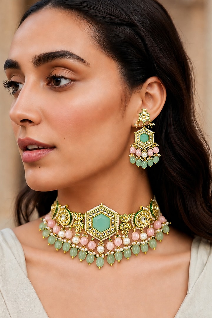 Gold Finish Kundan Polki & Mint Stone Necklace Set by Tad Accessories at Pernia's Pop Up Shop
