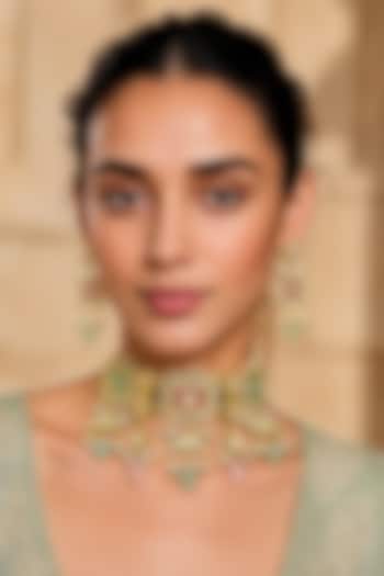 Gold Finish Kundan Polki & Mint Stone Necklace Set by Tad Accessories at Pernia's Pop Up Shop