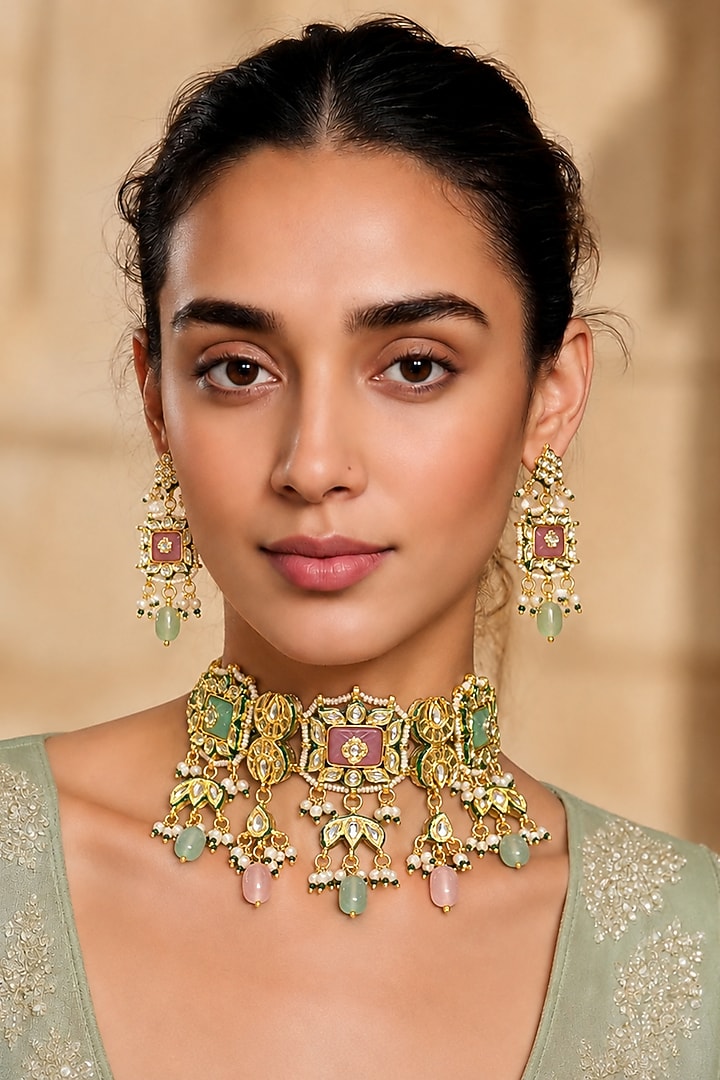 Gold Finish Kundan Polki & Mint Stone Necklace Set by Tad Accessories at Pernia's Pop Up Shop