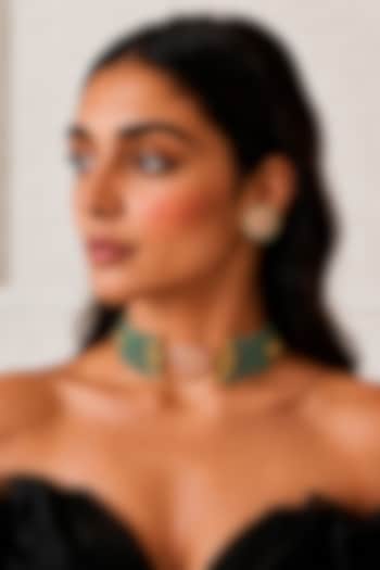 Gold Finish Kundan Polki & Mint Stone Necklace Set by Tad Accessories at Pernia's Pop Up Shop