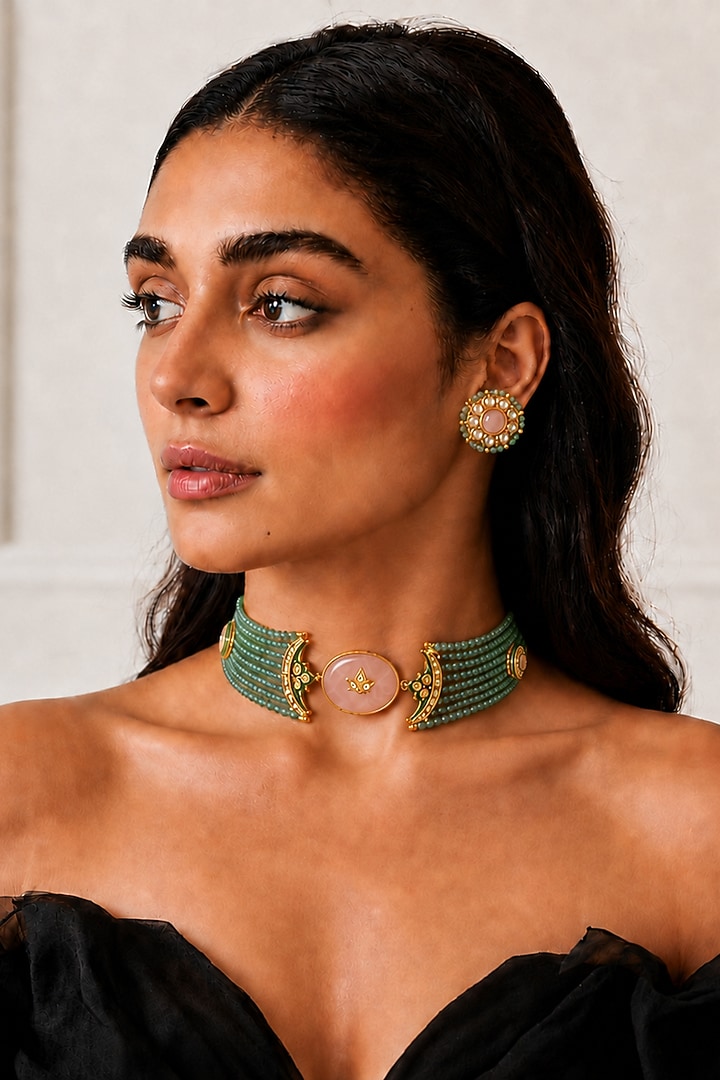 Gold Finish Kundan Polki & Mint Stone Necklace Set by Tad Accessories at Pernia's Pop Up Shop