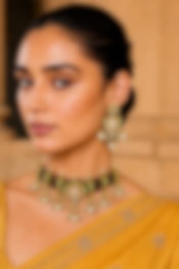Gold Finish Kundan Polki & Magenta Stone Necklace Set by Tad Accessories at Pernia's Pop Up Shop