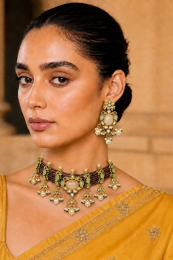 Gold Finish Kundan Polki & Magenta Stone Necklace Set by Tad Accessories at Pernia's Pop Up Shop