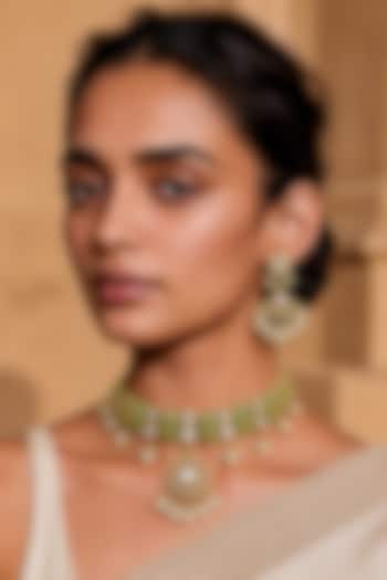 Gold Finish Kundan Polki & Mint Stone Necklace Set by Tad Accessories at Pernia's Pop Up Shop