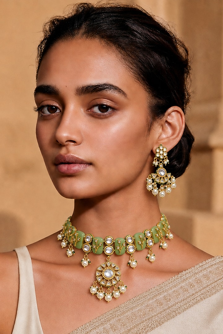Gold Finish Kundan Polki & Mint Stone Necklace Set by Tad Accessories at Pernia's Pop Up Shop