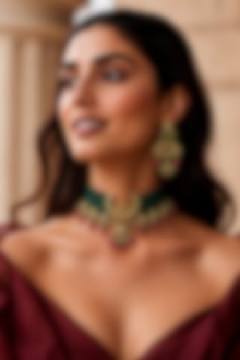 Gold Finish Kundan Polki & Green Stone Necklace Set by Tad Accessories at Pernia's Pop Up Shop
