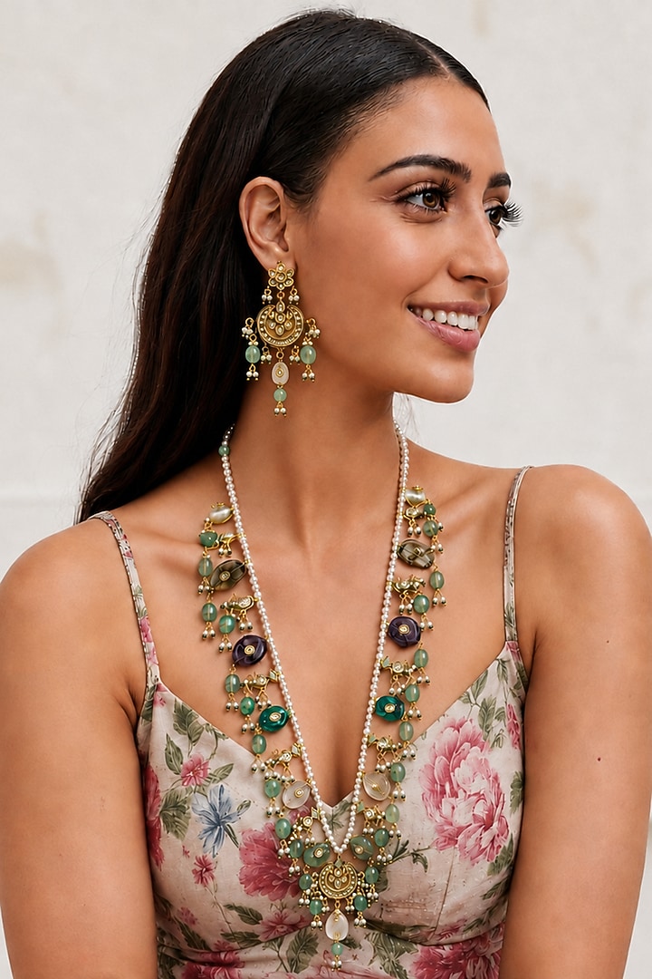Gold Finish Kundan Polki & Multi-Colored Stone Necklace Set by Tad Accessories at Pernia's Pop Up Shop