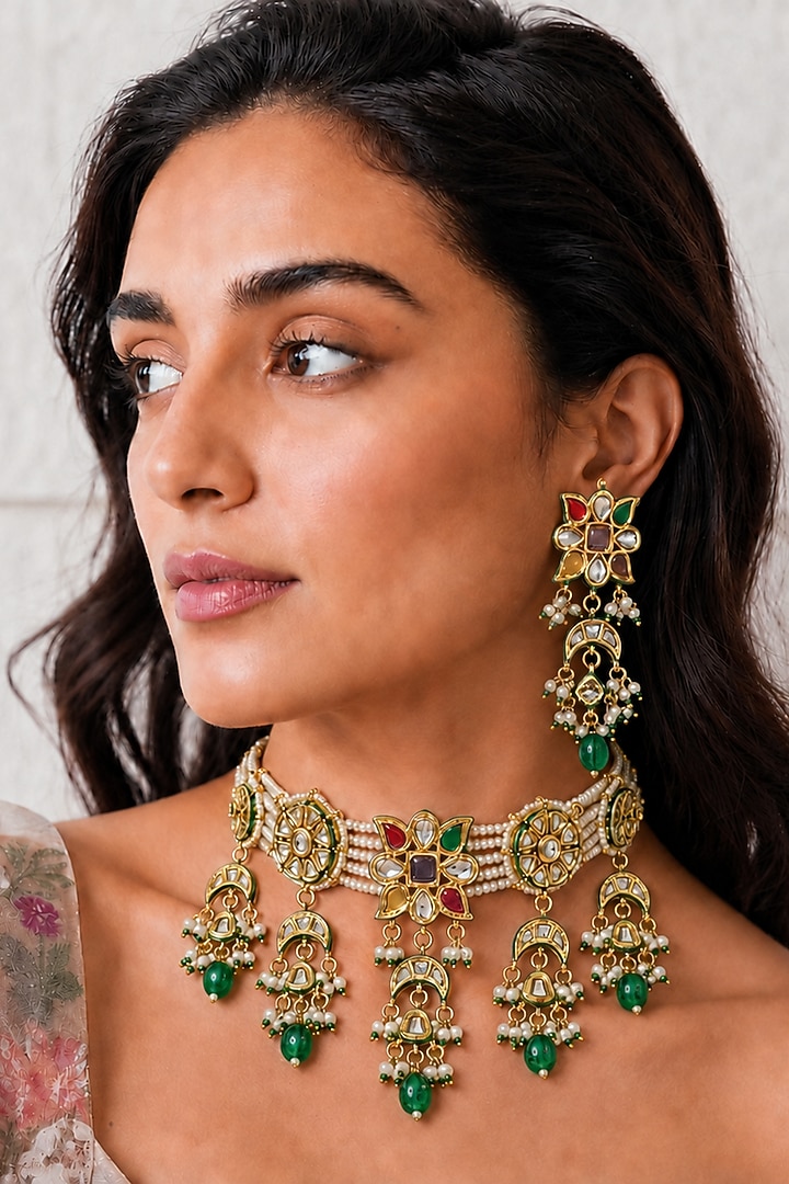 Gold Finish Kundan Polki & Multi-Colored Stone Necklace Set by Tad Accessories at Pernia's Pop Up Shop