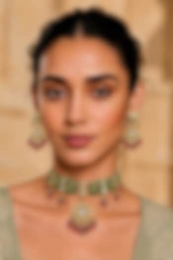 Gold Finish Kundan Polki & Ruby Stone Necklace Set by Tad Accessories at Pernia's Pop Up Shop