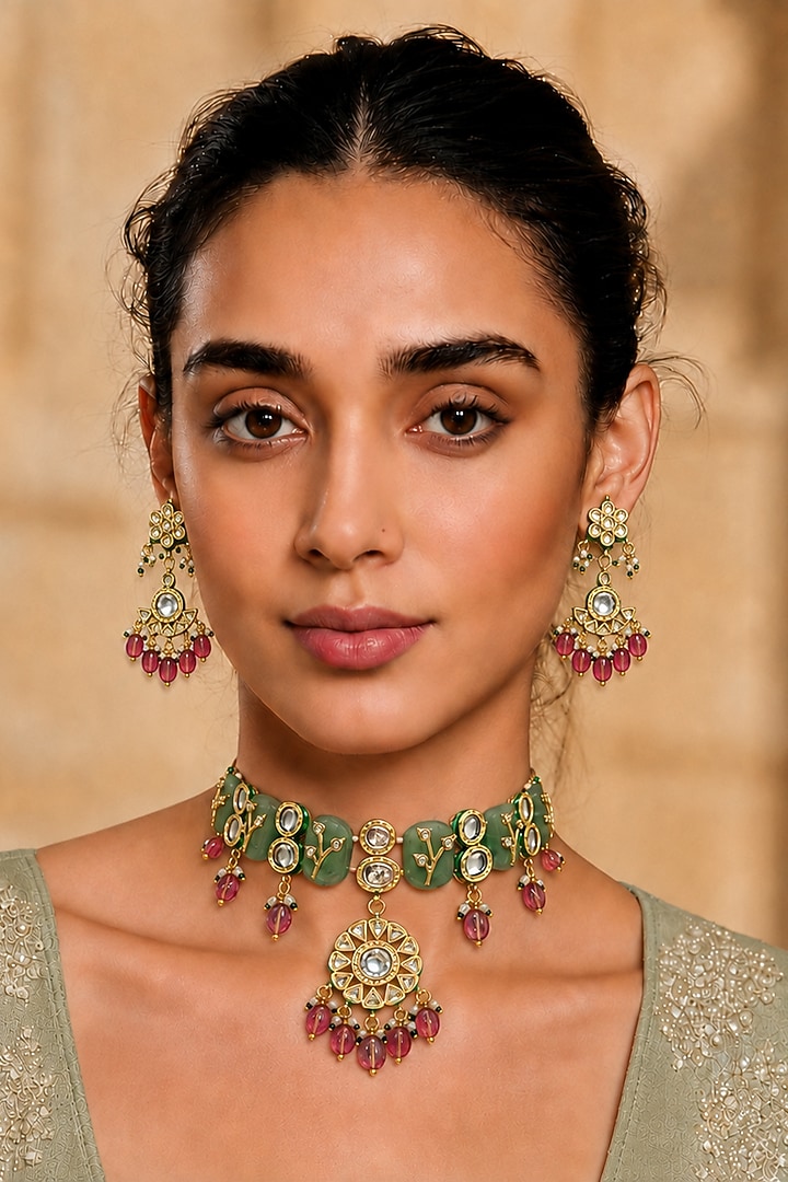 Gold Finish Kundan Polki & Ruby Stone Necklace Set by Tad Accessories at Pernia's Pop Up Shop