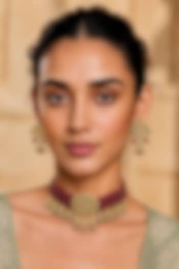 Gold Finish Kundan Polki & Red Stone Necklace Set by Tad Accessories at Pernia's Pop Up Shop